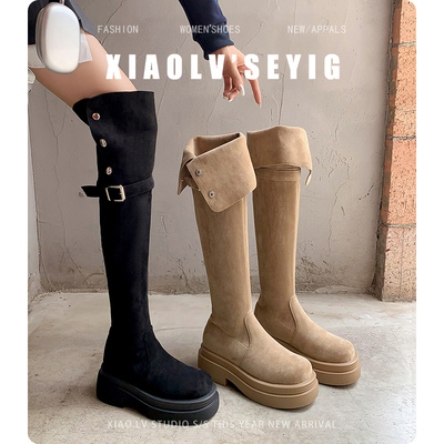 胖mm粗腿过膝靴子女长筒靴秋冬显瘦厚底长靴大筒围高筒骑士靴大码