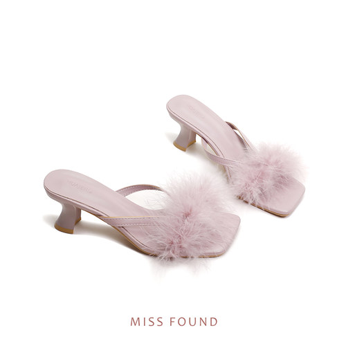 missfound【福利款】毛毛拖鞋晨袍法式粗跟凉拖鞋高跟外穿仙女风