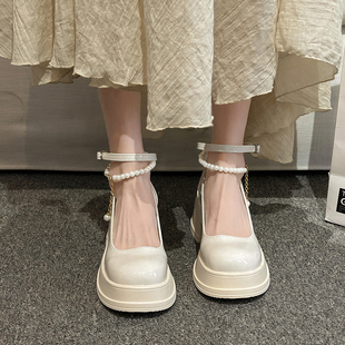 法式玛丽珍鞋女2024新款百搭配裙子仙女风白色粗跟高跟厚底小皮鞋