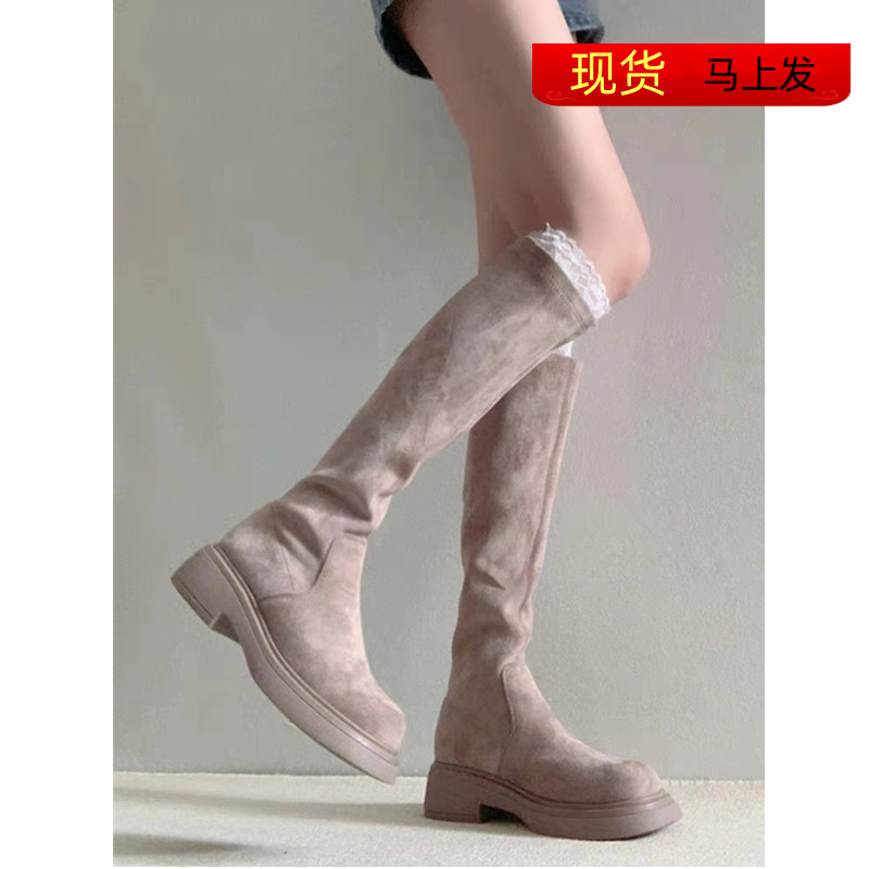 绒面长筒靴女不过膝弹力瘦瘦靴高筒靴厚底圆头长靴中跟骑士靴平口