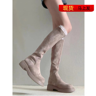绒面长筒靴女不过膝弹力瘦瘦靴高筒靴厚底圆头长靴中跟骑士靴平口