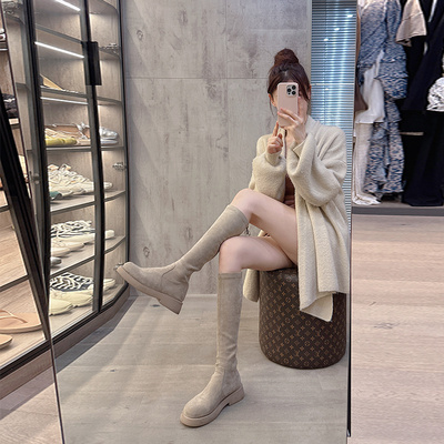 骑士靴圆头不过膝后拉链长靴子