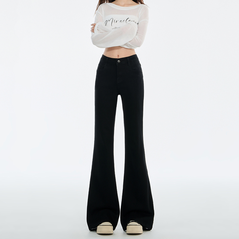经典简约时尚百搭黑色高腰显瘦提臀微喇叭牛仔裤女秋冬款加绒加厚