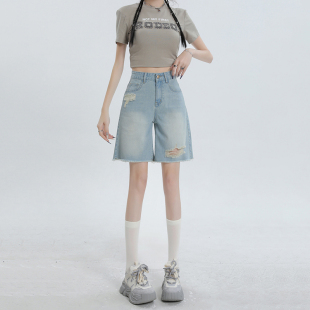 女百搭中裤 2026夏季 辣妹毛边破洞小个子高腰直筒宽松五分牛仔短裤