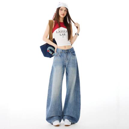 2026新款春夏美式重工水洗弯刀无弹低腰宽松阔腿牛仔裤女百搭显瘦