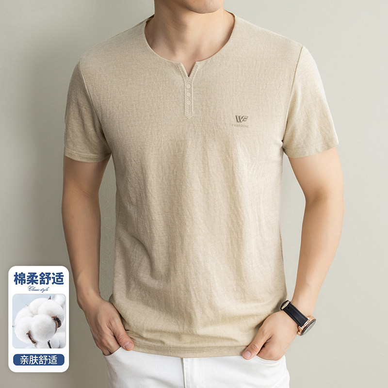 夏季亚麻短袖T恤圆领男纯色棉柔舒适亲肤透气休闲简约V领男士上衣