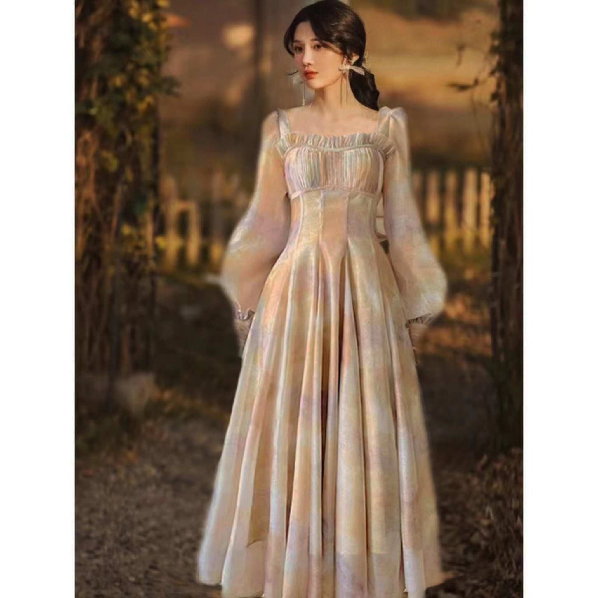 热爱新款春夏秋季法式温柔风茶歇裙方领长袖连衣裙女小众轻礼服裙