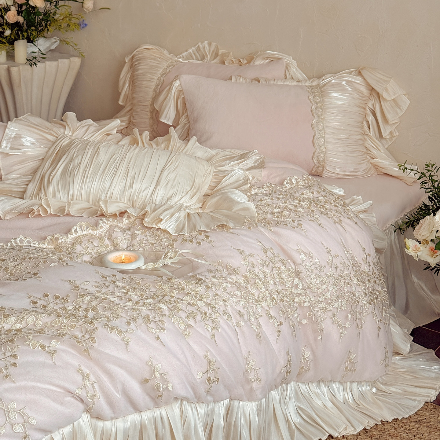 法式公主风牛奶绒床上四件套冬季加厚保暖婴儿绒蕾丝边被套床盖款