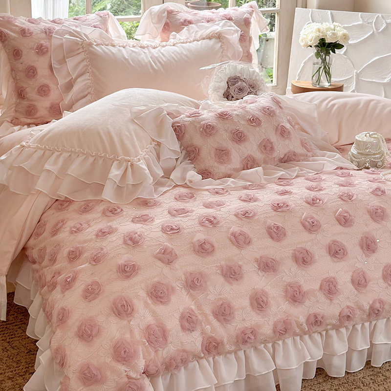 法式公主风冬季保暖双面牛奶绒四件套立体玫瑰刺绣加厚珊瑚绒床品