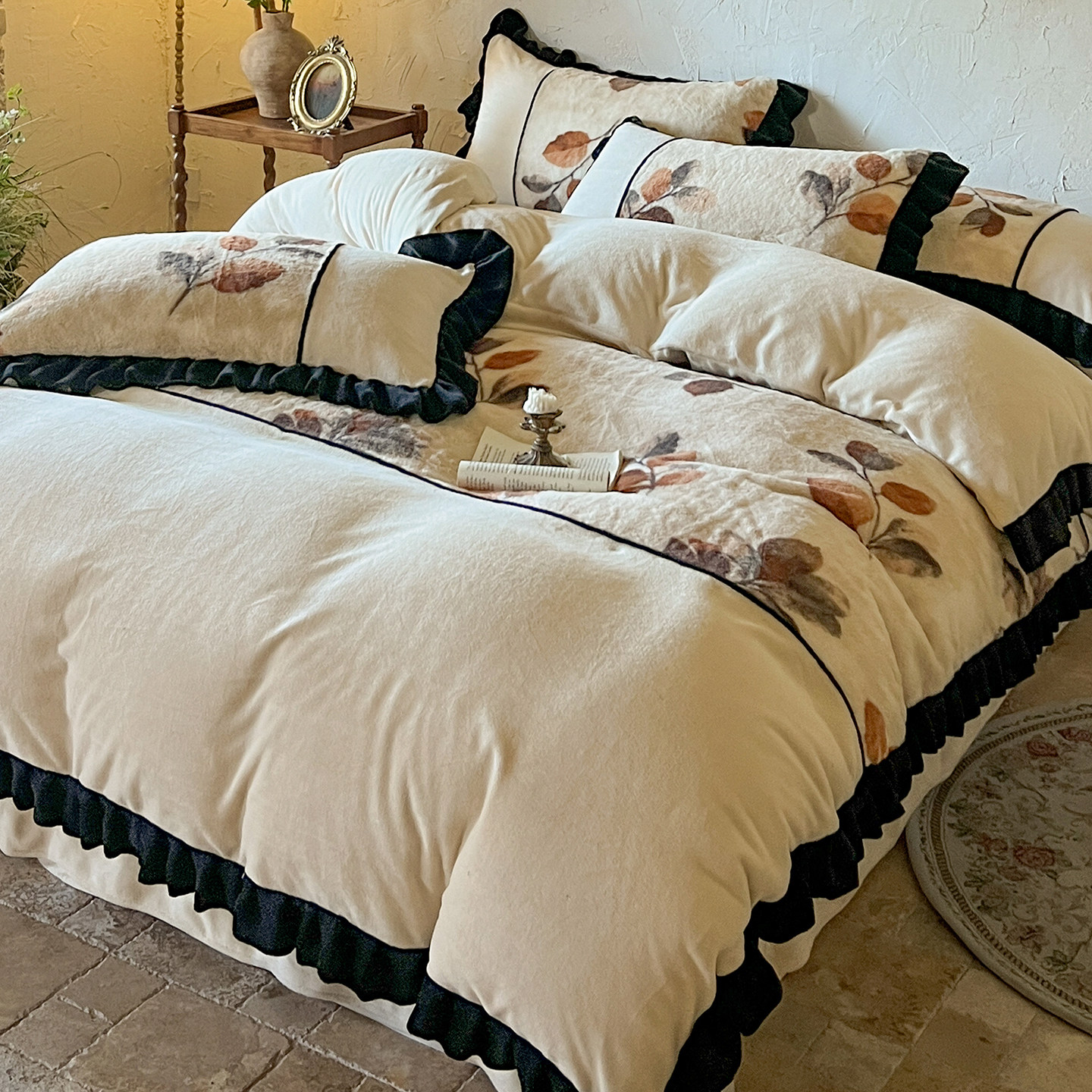 法式复古加厚牛奶绒床上四件套双面珊瑚绒冬季保暖被套床单床笠款