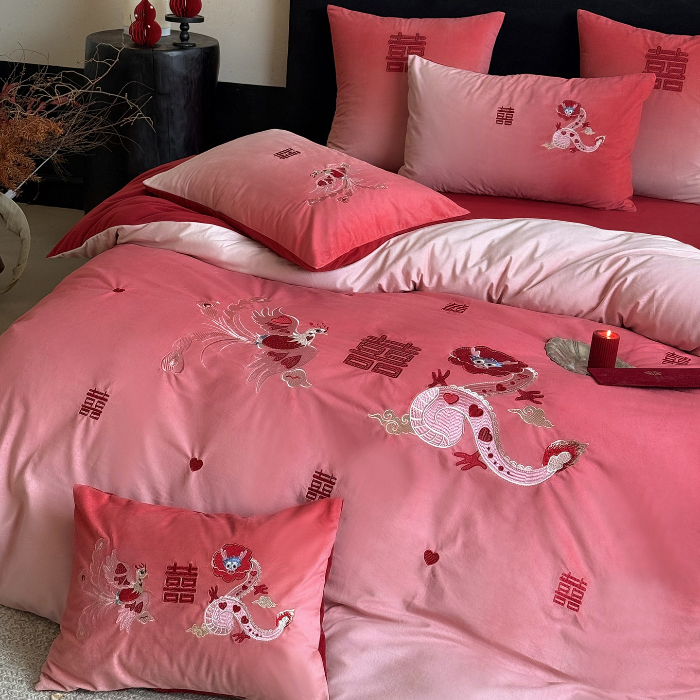 渐变色婚庆龙凤牛奶绒结婚四件套珊瑚绒床盖款喜被套秋冬婚嫁床品