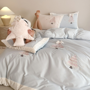 秋冬双面加厚磨毛四件套全棉纯棉刺绣被套床单圣诞树床上用品蓝色