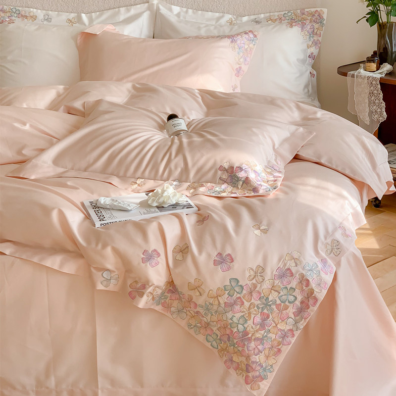法式少女心亲肤长绒棉刺绣四件套全棉粉色床单笠被套高端床上用品