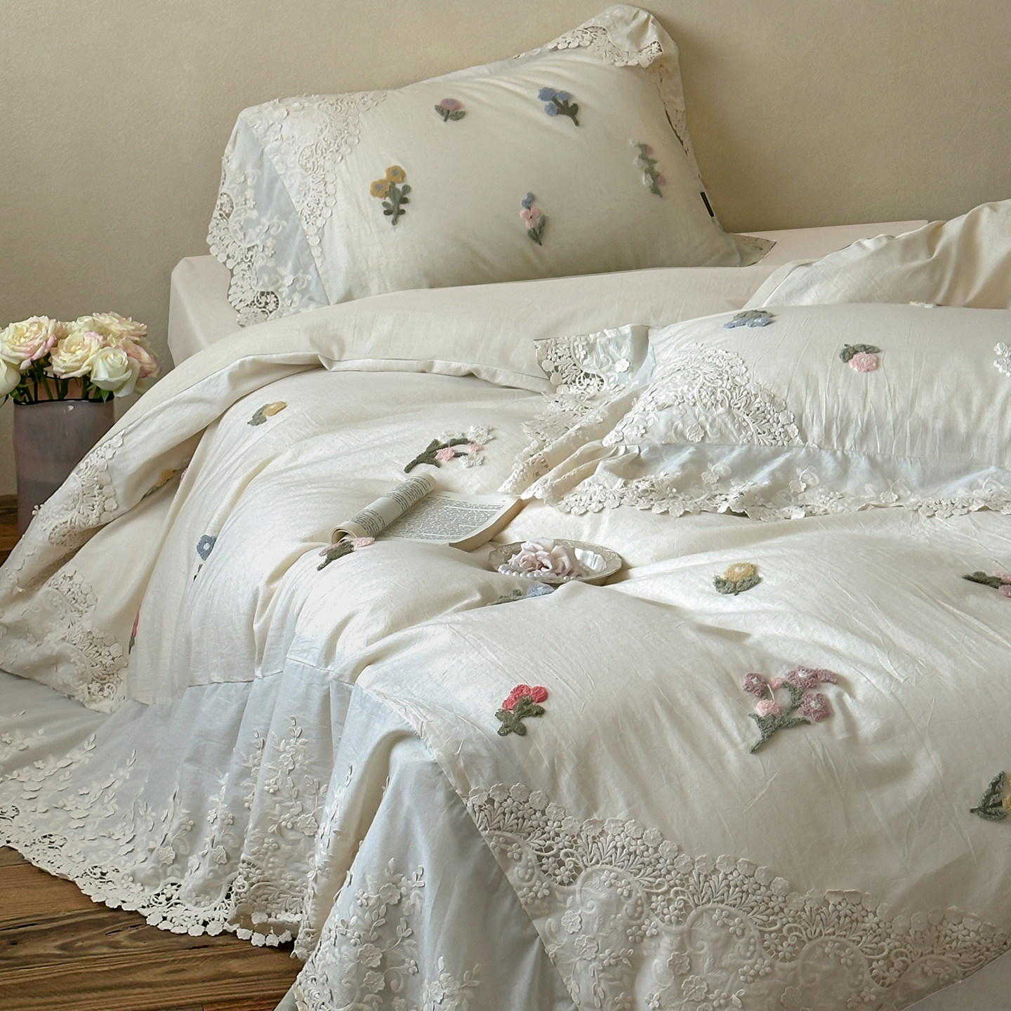 法式浪漫超柔毛巾绣棉麻四件套亚麻混纺蕾丝边被套罩床单床上用品