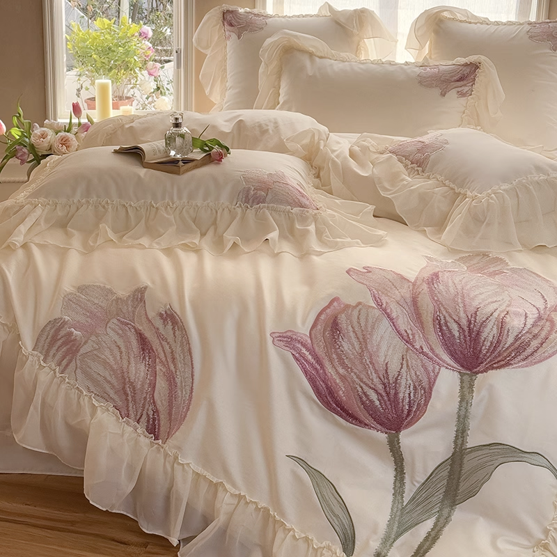 法式床盖四件套全棉纯棉长绒棉田园刺绣被套罩床单公主风床品粉色