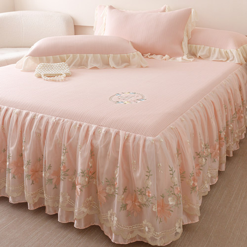 夏季冰丝豆豆凉席三件套床裙公主风可机洗折叠凉感裸睡空调软席子