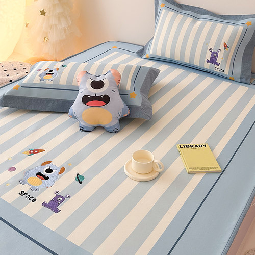 夏季卡通A类凉感冰丝凉席床笠款三件套可爱儿童刺绣可折叠空调凉