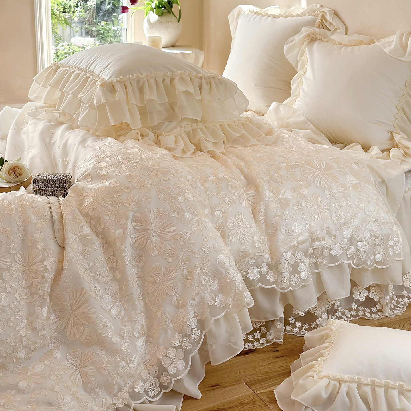 法式仙气牛奶绒四件套公主风蕾丝边加厚珊瑚绒被套加绒保暖床单盖