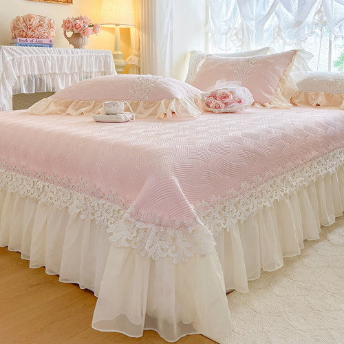 夏季凉感冰丝席凉席三件套可水洗折叠公主风蕾丝床盖空调软席垫子