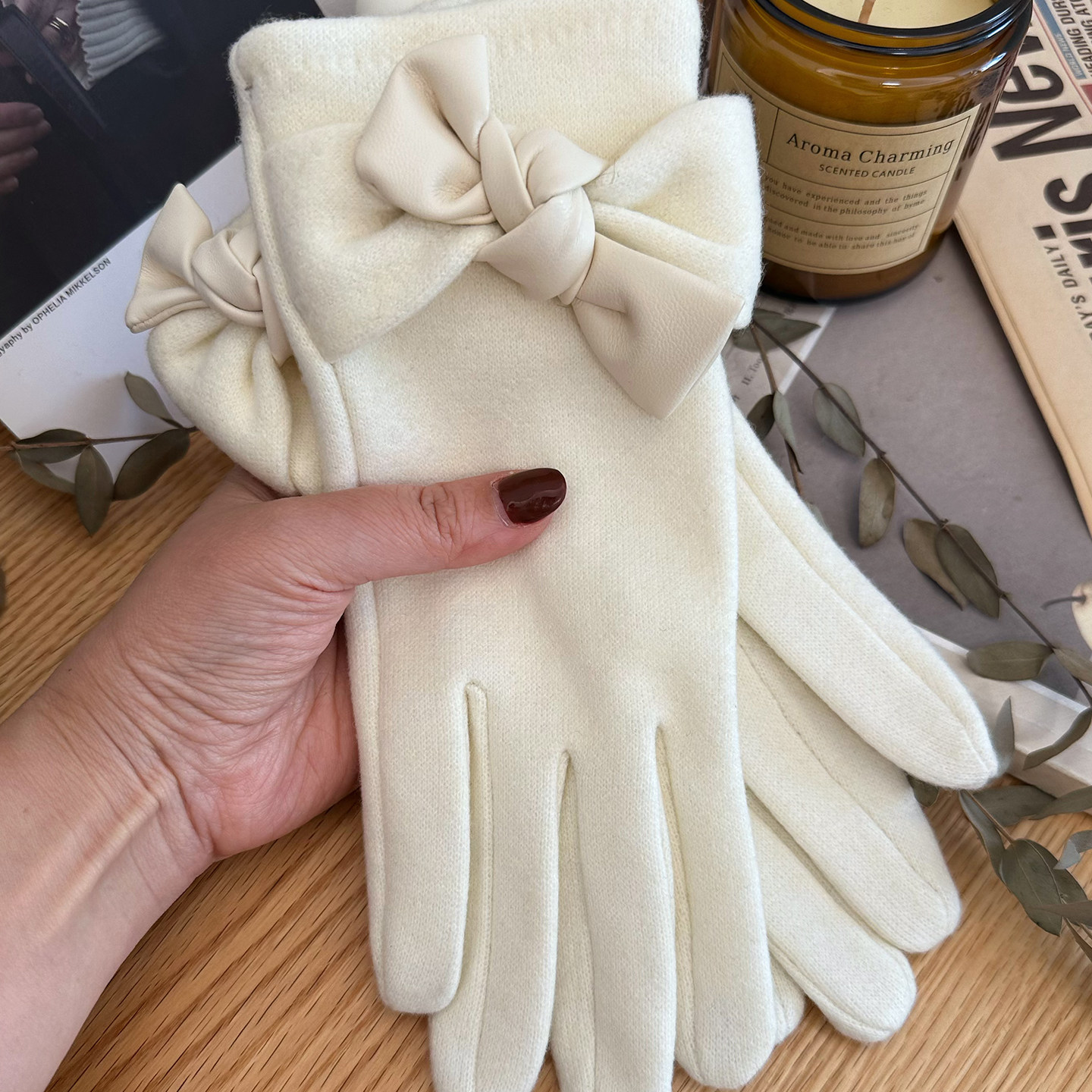 甜美蝴蝶结手套女冬季加绒保暖可爱甜美可触屏户外骑行开车手套