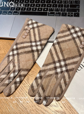 日系少女秋冬天格子新款手套女学生韩版分指触屏薄绒加绒加厚保暖