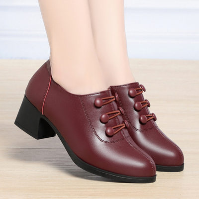 单鞋女真皮粗跟妈妈鞋软底中老年