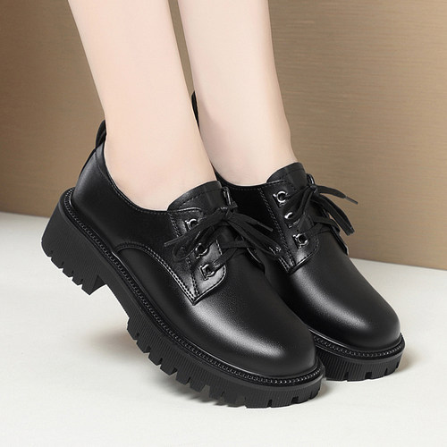 真皮女单鞋低跟乐福鞋小皮鞋大码