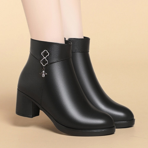 真皮单靴女中跟女短靴妈妈鞋加绒