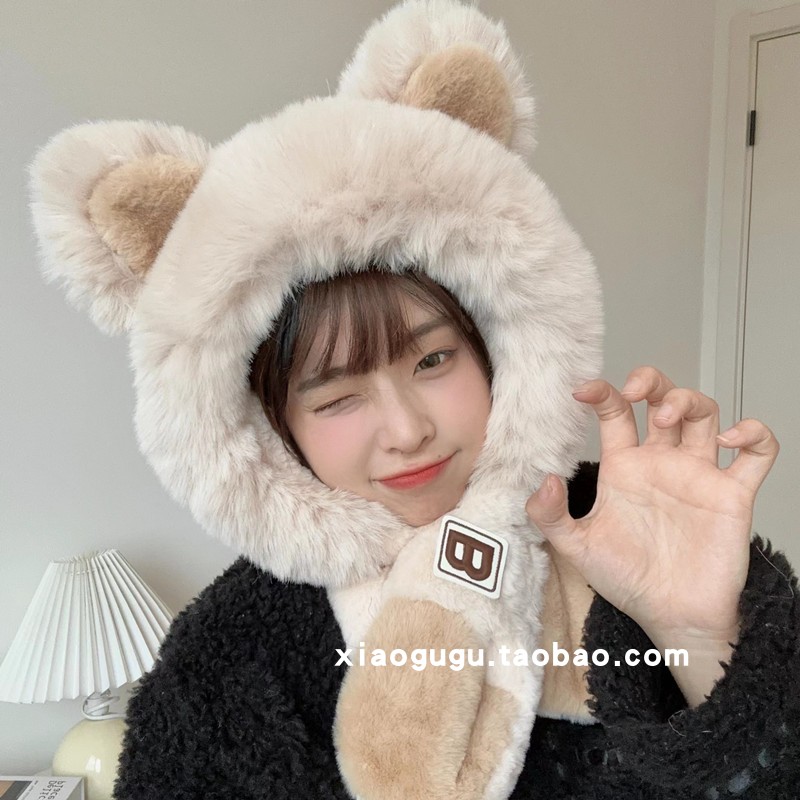 可爱字母小熊耳朵帽子围巾一体女