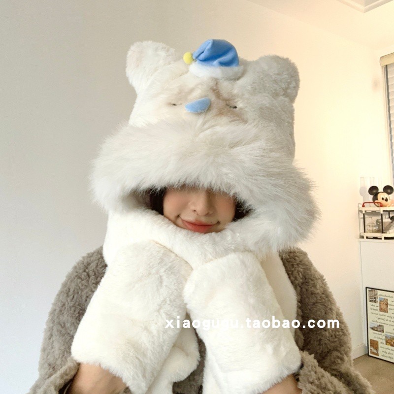 软萌瞌睡熊毛绒帽子围巾手套一体