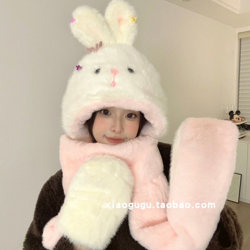 可爱小兔子帽子围巾手套一体