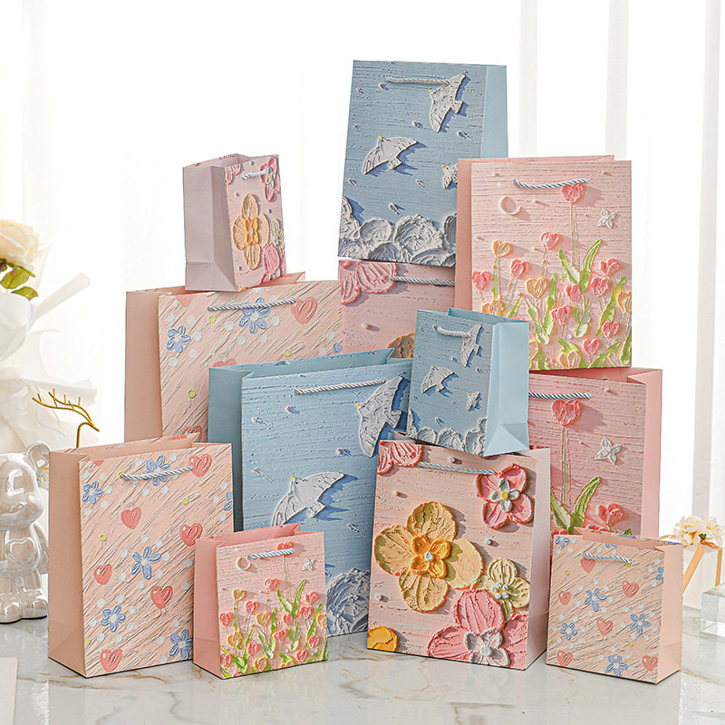 清新创意油画礼品袋文艺手提袋精美男女生日花束包装送礼物纸袋子