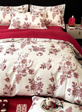 新款红色中式风格高克重亲肤棉磨毛数码印花婚庆四件套配高档礼盒