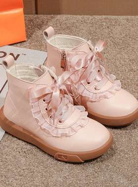 花边真皮女童公主鞋加绒儿童短靴2025秋冬宝宝棉鞋韩版短筒皮靴