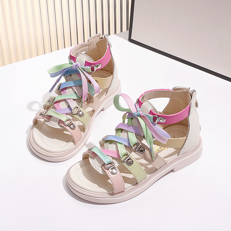 彩色高帮罗马女童凉鞋2024夏新款露趾休闲软底儿童凉鞋学生绑带