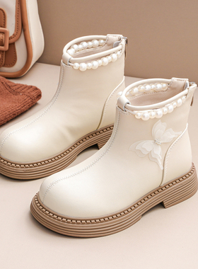 珍珠蝴蝶结女童公主风短靴2025冬新款加绒儿童棉靴二棉鞋防滑短筒