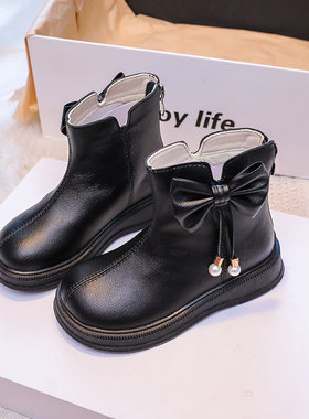 黑色真皮女童短靴加绒皮靴2025冬新款儿童马丁靴公主鞋女孩棉靴