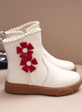 真皮女童花朵公主靴中筒儿童皮靴2025冬新款加厚加绒女童短靴大棉