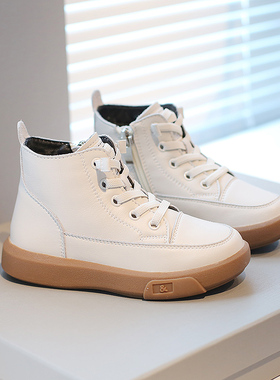 冬季男女童小白鞋真皮儿童短靴加绒保暖棉靴2025新款休闲高帮皮靴