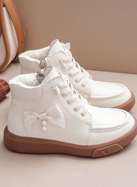 加绒儿童短靴女童皮靴蝴蝶结公主鞋2025冬高帮真皮短筒休闲二棉鞋