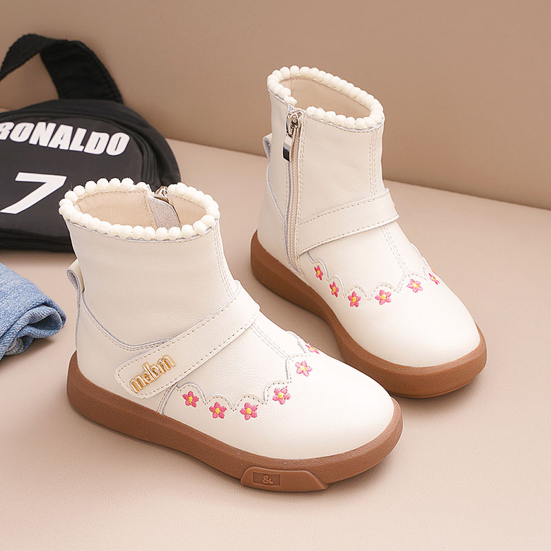小花朵刺绣真皮中筒女童皮靴