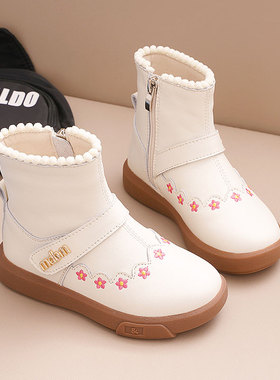 国风花朵刺绣真皮中筒女童皮靴2025冬新款加绒二棉儿童短靴休闲