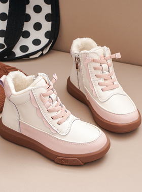 加厚绒真皮女童休闲皮靴儿童短靴2025冬新款拼色学生运动高帮鞋