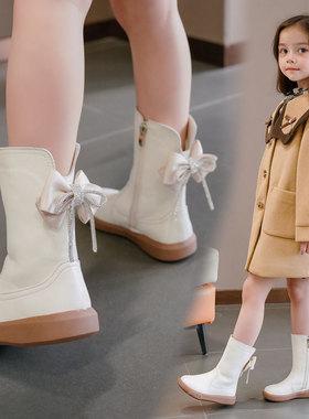 水钻蝴蝶结中高筒女童皮靴加绒二棉儿童靴子2025冬新款新年公主靴