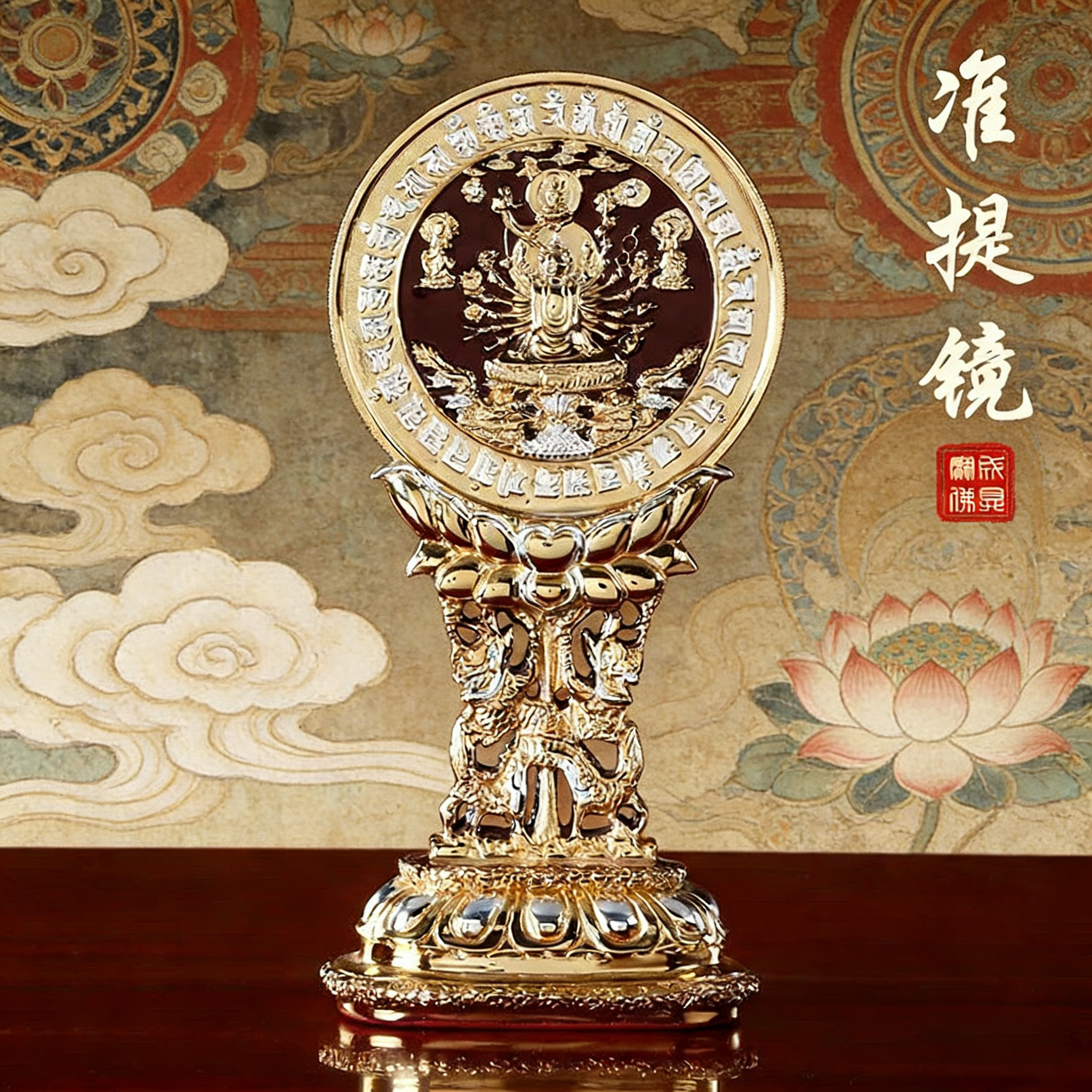 台湾盛凡纯铜鎏金准提镜家用风水铜镜密宗准提佛母镜藏传用品摆件