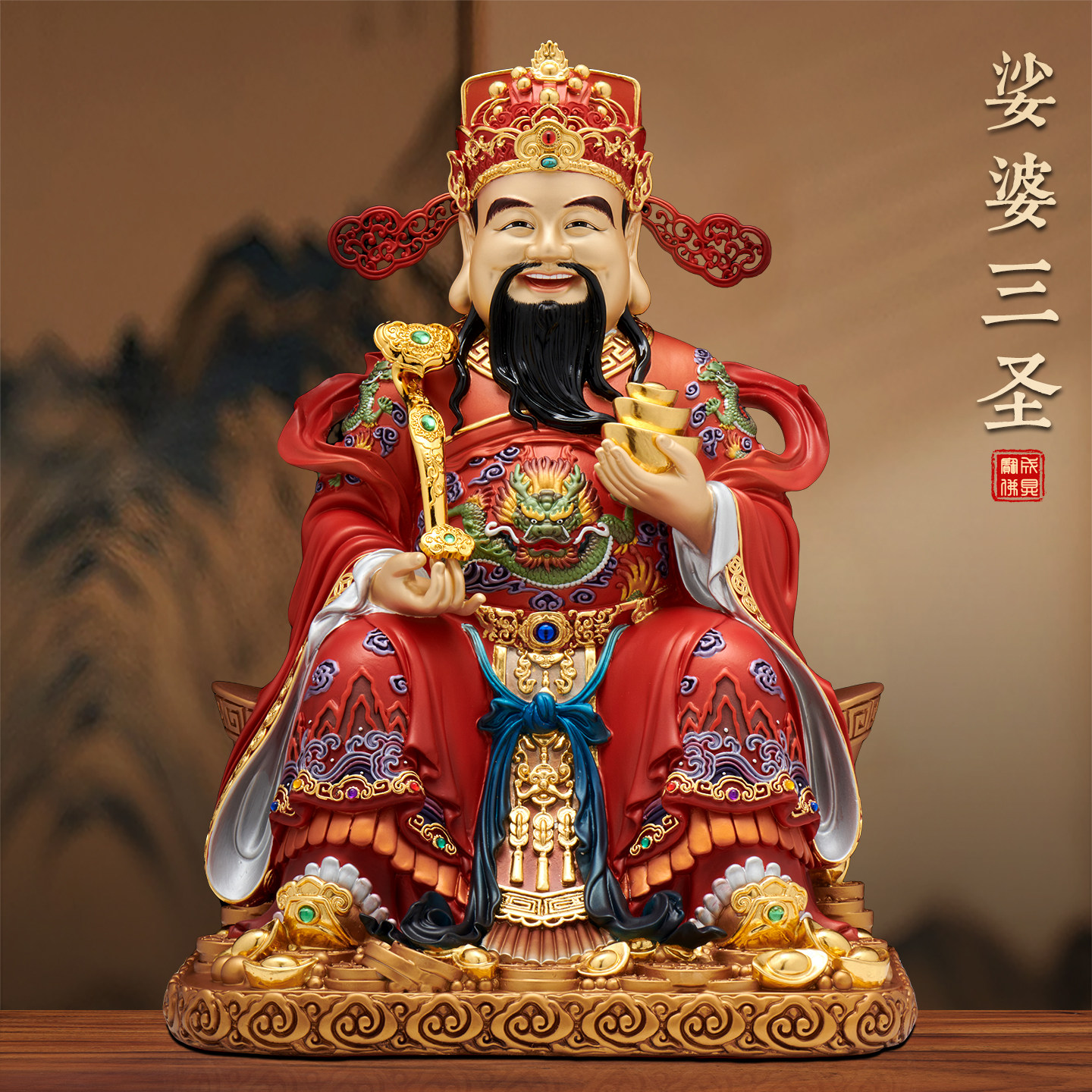 纯铜彩绘财神爷神像家用店铺办公室供奉文财神比干佛像招财摆件