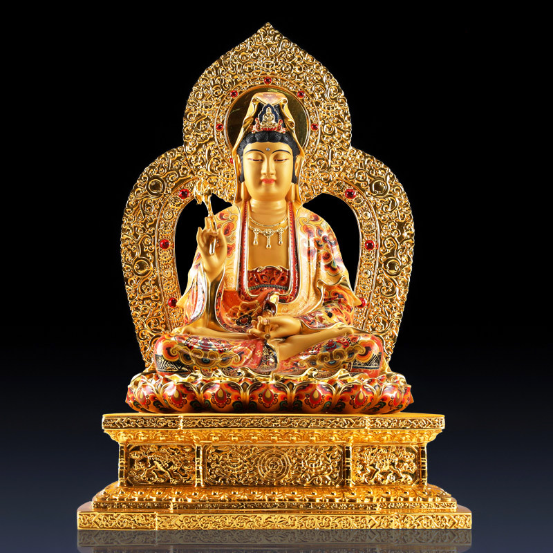 台湾纯铜贴金杨柳观音菩萨佛像家用供奉手工彩绘金刚台观世音摆件