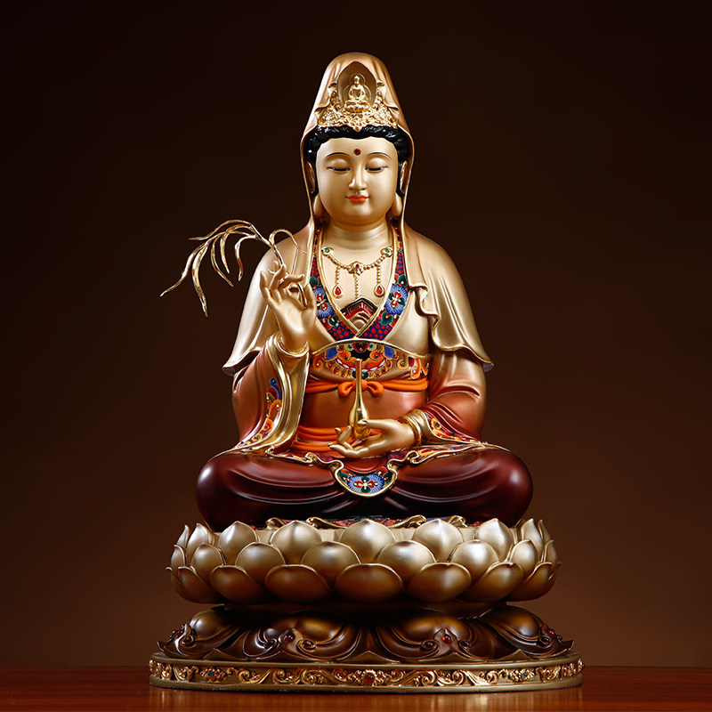 台湾纯铜观音菩萨佛像家用供奉盛唐彩观音南海水月观音铜像摆件