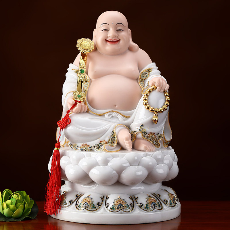 汉白玉珐琅彩圆满弥勒笑佛摆件家用供奉大肚招财弥勒佛菩萨佛像