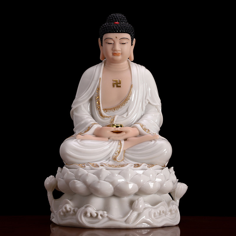 汉白玉石雕释迦摩尼阿弥陀佛佛像家用供奉娑婆三圣释迦佛摆件